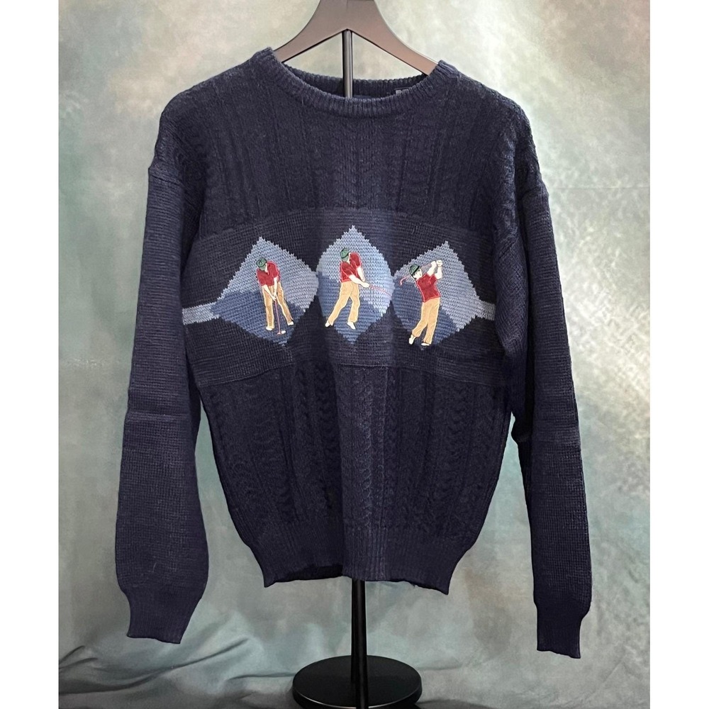 Northern Isles Navy Golf Argyle Cable Knit Wool Sweater Men's Size Medium